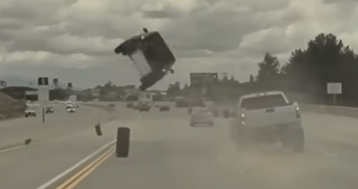 Car Goes FLYING after Hitting Loose Tire on Highway